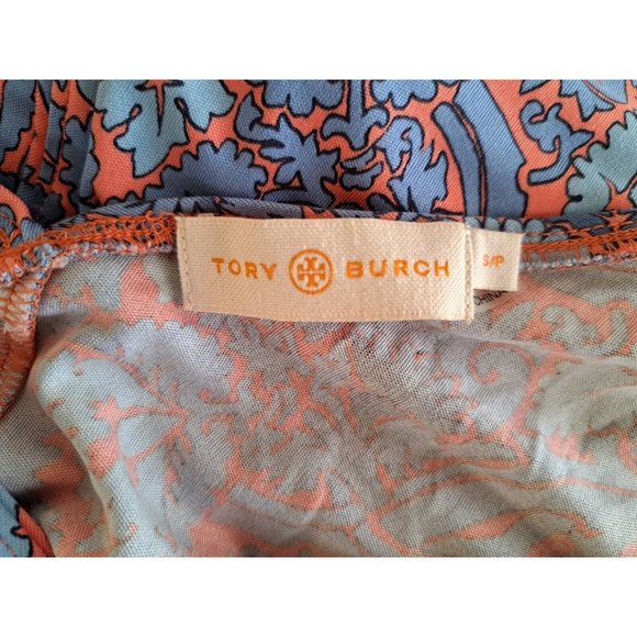 Tory Burch MIDI Dress Fun Print Blue Coral/ Orange Silk Simple Easy to Wear SZ S - Picture 7 of 8